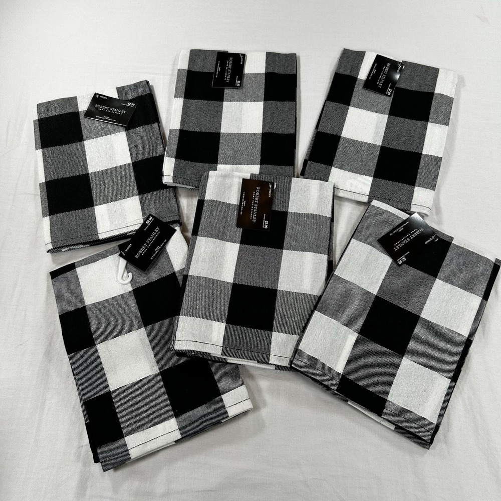 NEW Robert Stanley Set Of 6 Napkins Black White Buffalo Check Christmas 18"x18"